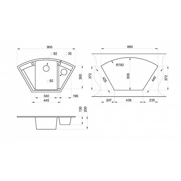 Кухонная мойка Granula GR-9001 BT 90x52, угловая, 2 чаши, с крылом, цвет базальт - фото 1