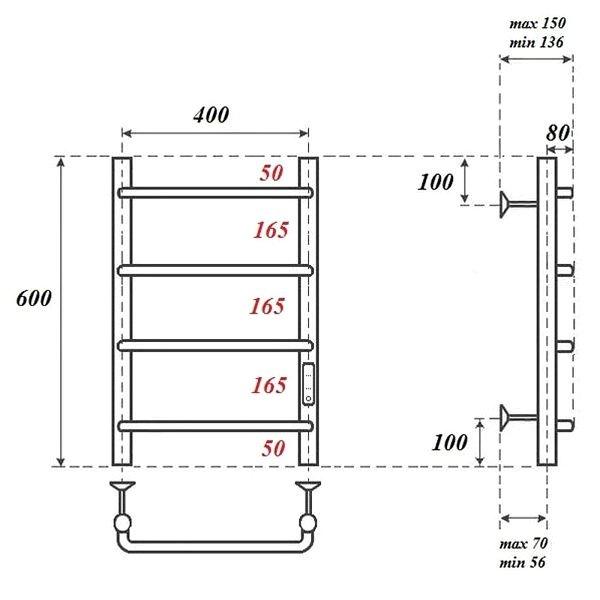 Полотенцесушитель Point П4 40x60 электрический, правый, цвет хром