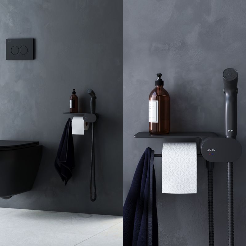 Гигиенический душ AM.PM Like F0202622, со встраиваемым смесителем, полкой, держателем туалетной бумаги и крючком, цвет черный - фото 1