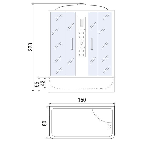 Душевая кабина River Dunay 150/80/55 TH 150x80, стекло тонированное, профиль хром матовый, с крышей, с гидромассажем