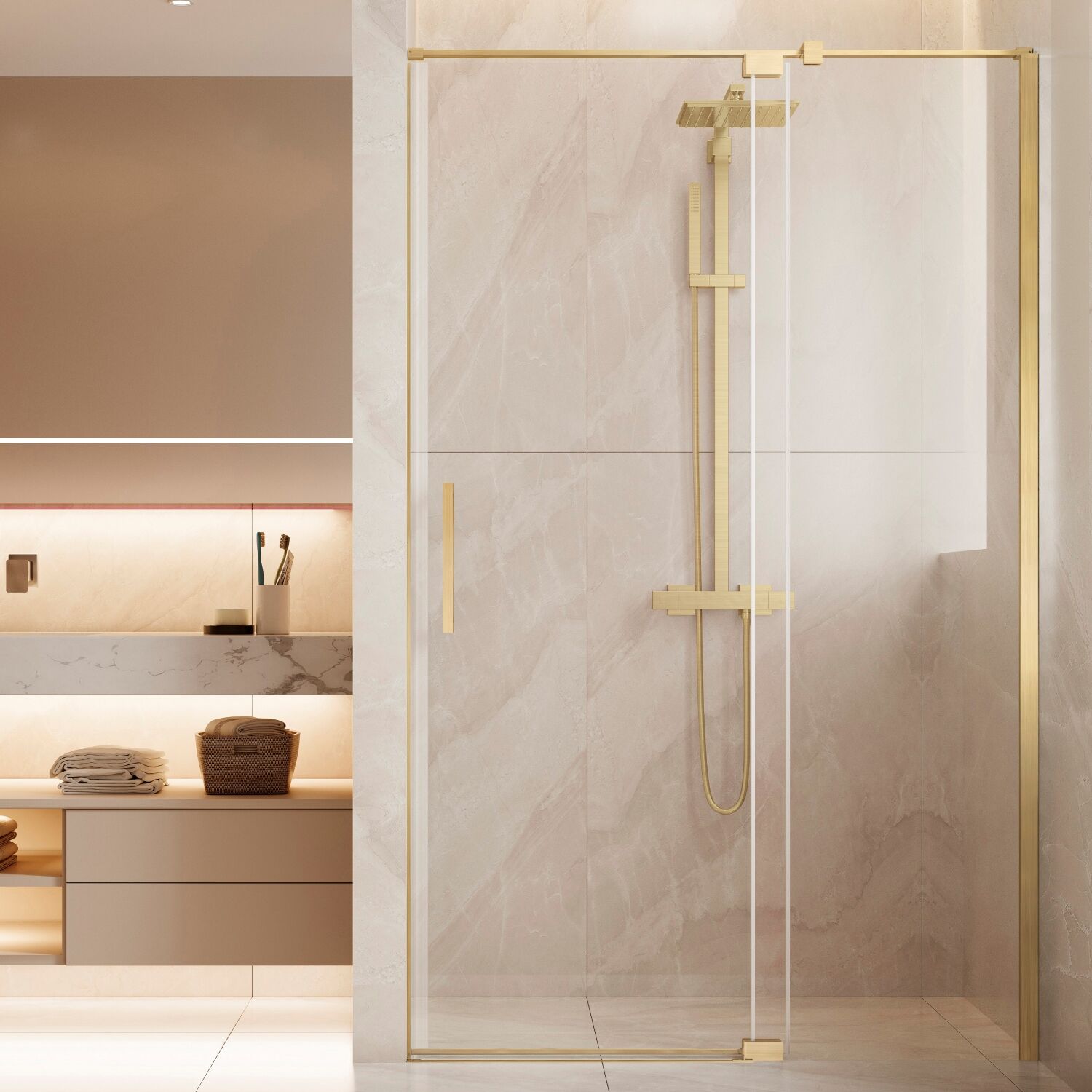 Душевая дверь Vincea Extenza VDP-4EX 120x195, стекло прозрачное, профиль брашированное золото