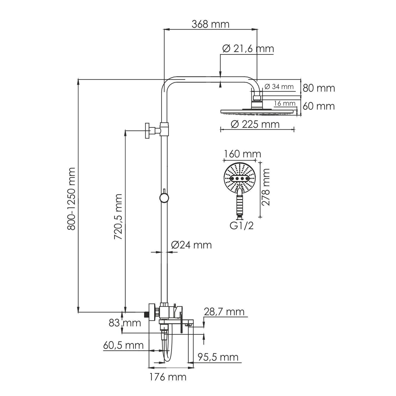 Душевая стойка WasserKRAFT A185.067.059.WM, с верхним душем, смесителем, цвет белый - фото 1