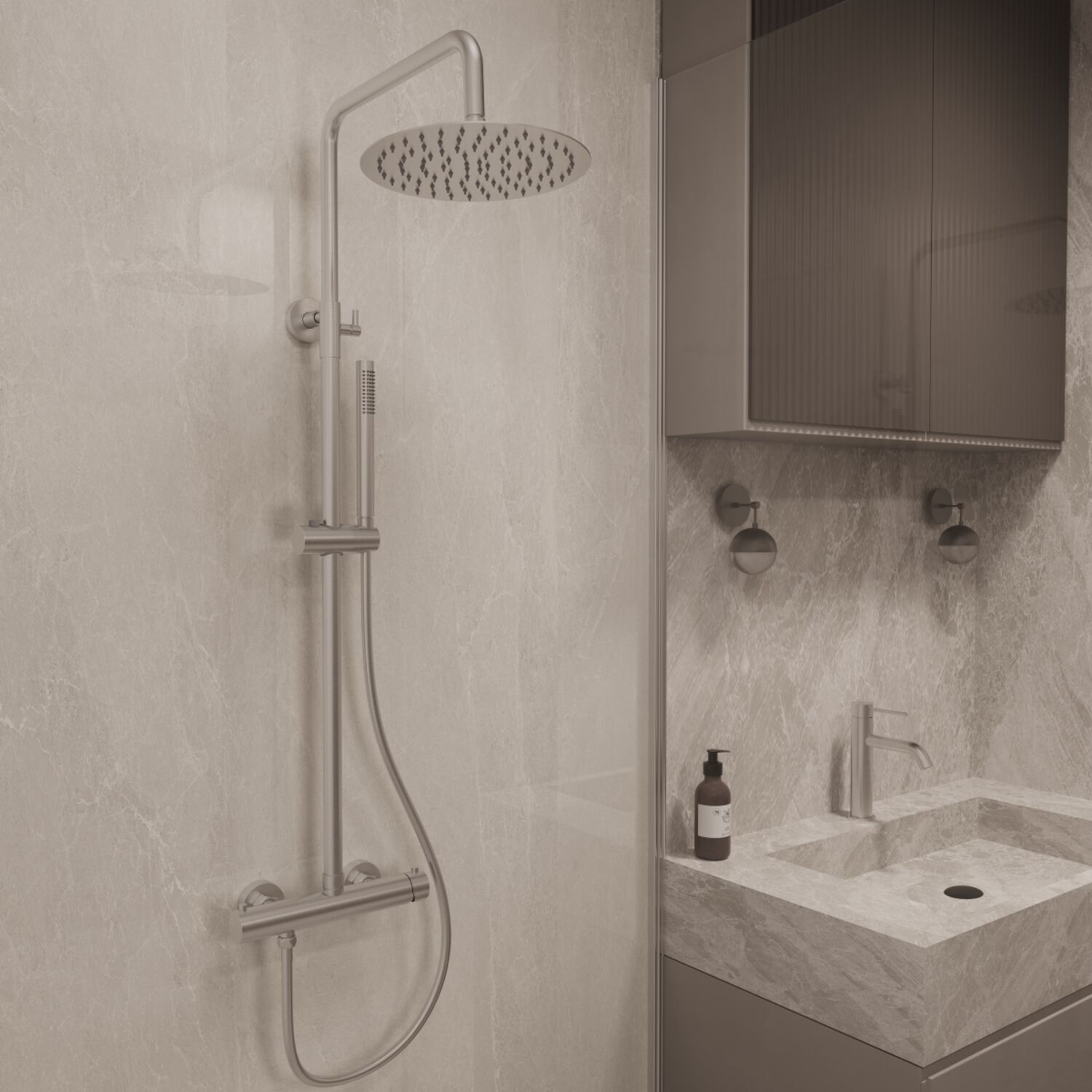 Душевая стойка Vincea City VSFS-4CT1BN, с верхним душем, смесителем, цвет брашированный никель - фото 1