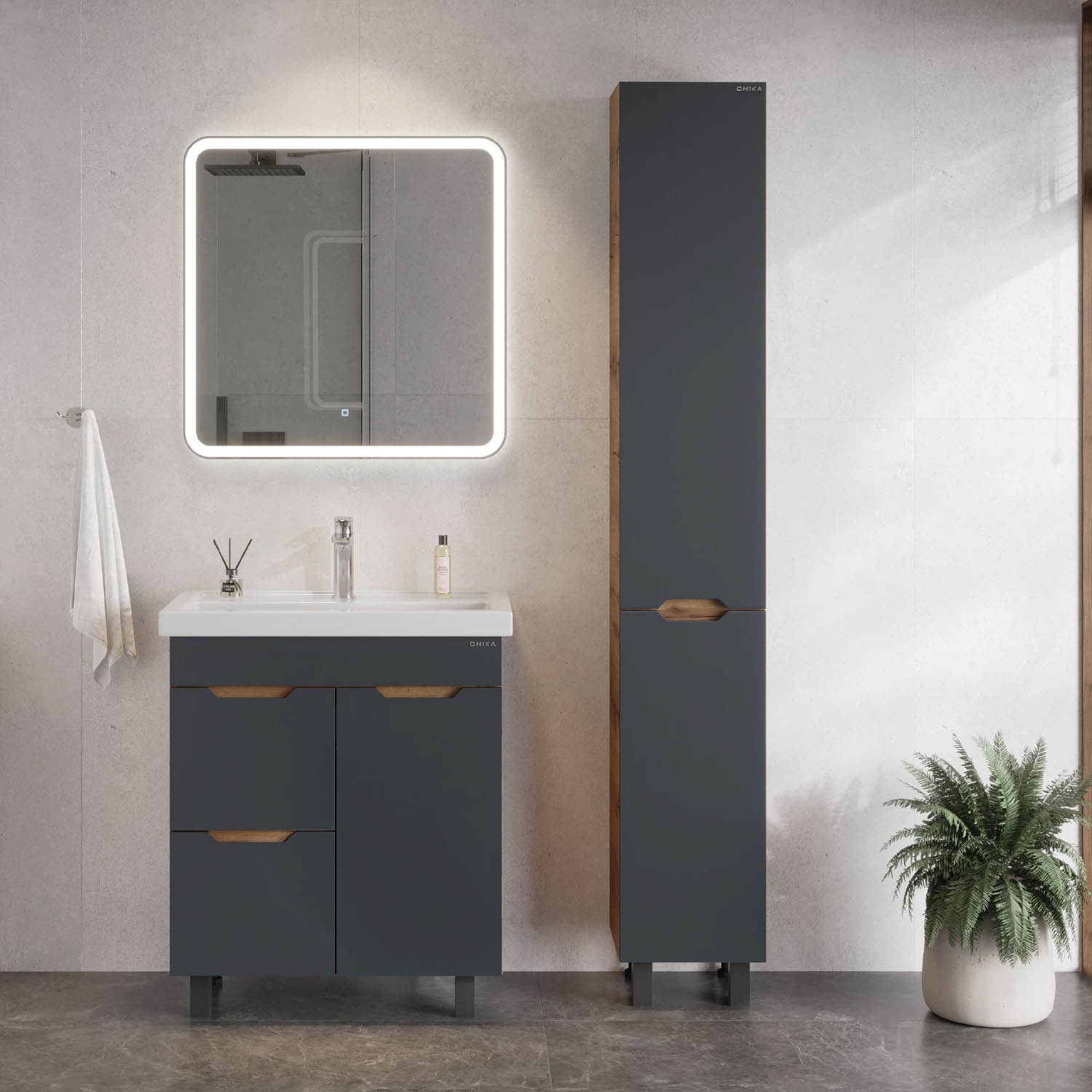 Мебель для ванной Оника Айленд 70, с бельевой корзиной, цвет графит / дуб крафт золотой