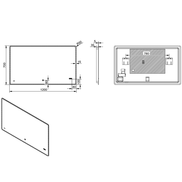 Зеркало Esbano ES-2073YDS 120x70, LED подсветка, функция антизапотевания, часы, сенсорный выключатель