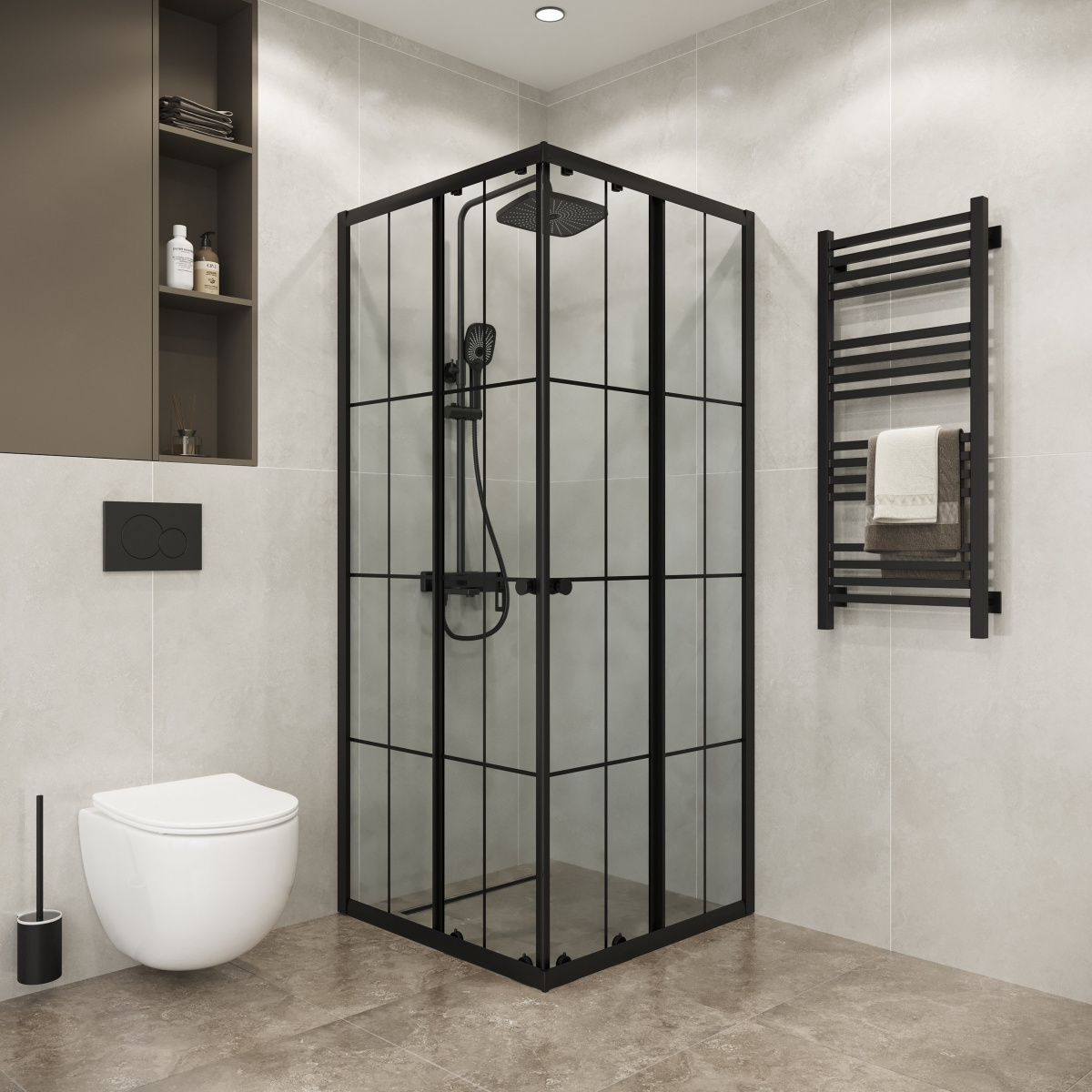 Душевой уголок Niagara Eco NG-1010-14QKL 100х100, стекло прозрачное с черной клеткой, профиль черный матовый