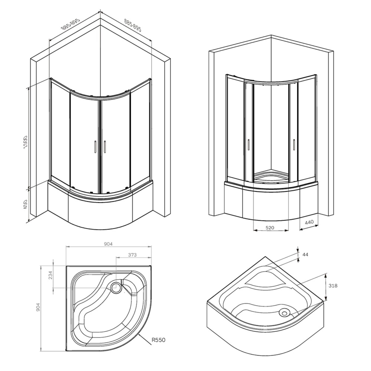 Душевой уголок AM.PM Gem Deep 1/4 Rond 90x90, стекло прозрачное, профиль черный матовый