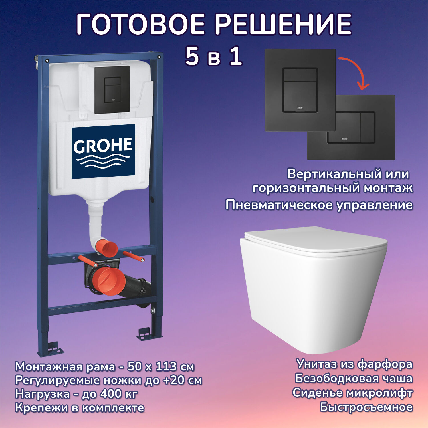 Комплект: Инсталляция Grohe 38811KF0 черная кнопка+Verna JK3021022 белый унитаз