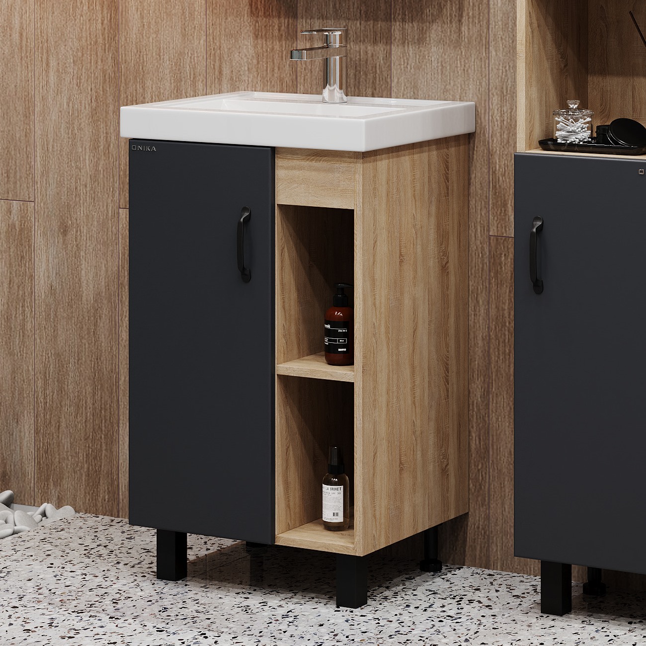 Тумба под раковину Оника Тимбер 50, напольная, цвет серый матовый / дуб сонома - фото 1