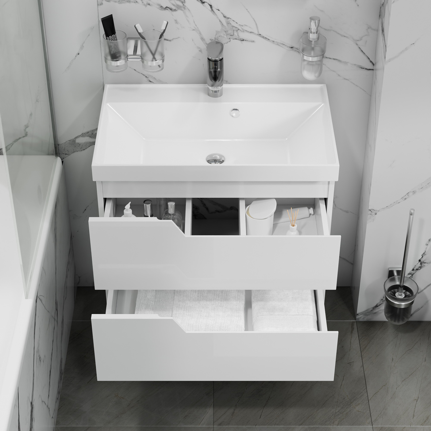 Тумба под раковину Санта Антарес 70, подвесная, 2 ящика, цвет белый глянец - фото 1