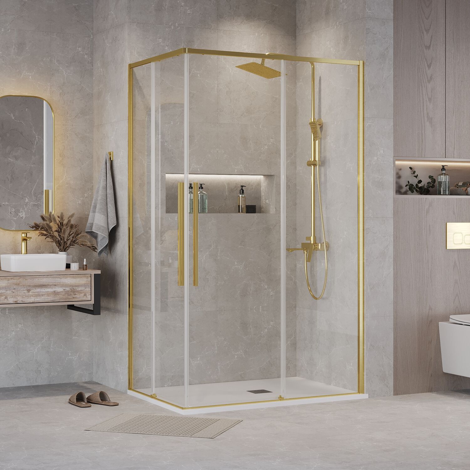 Душевой уголок Grossman Galaxy 300.K33.01.9080.32.00 90х80, стекло прозрачное, профиль золото сатин - фото 1