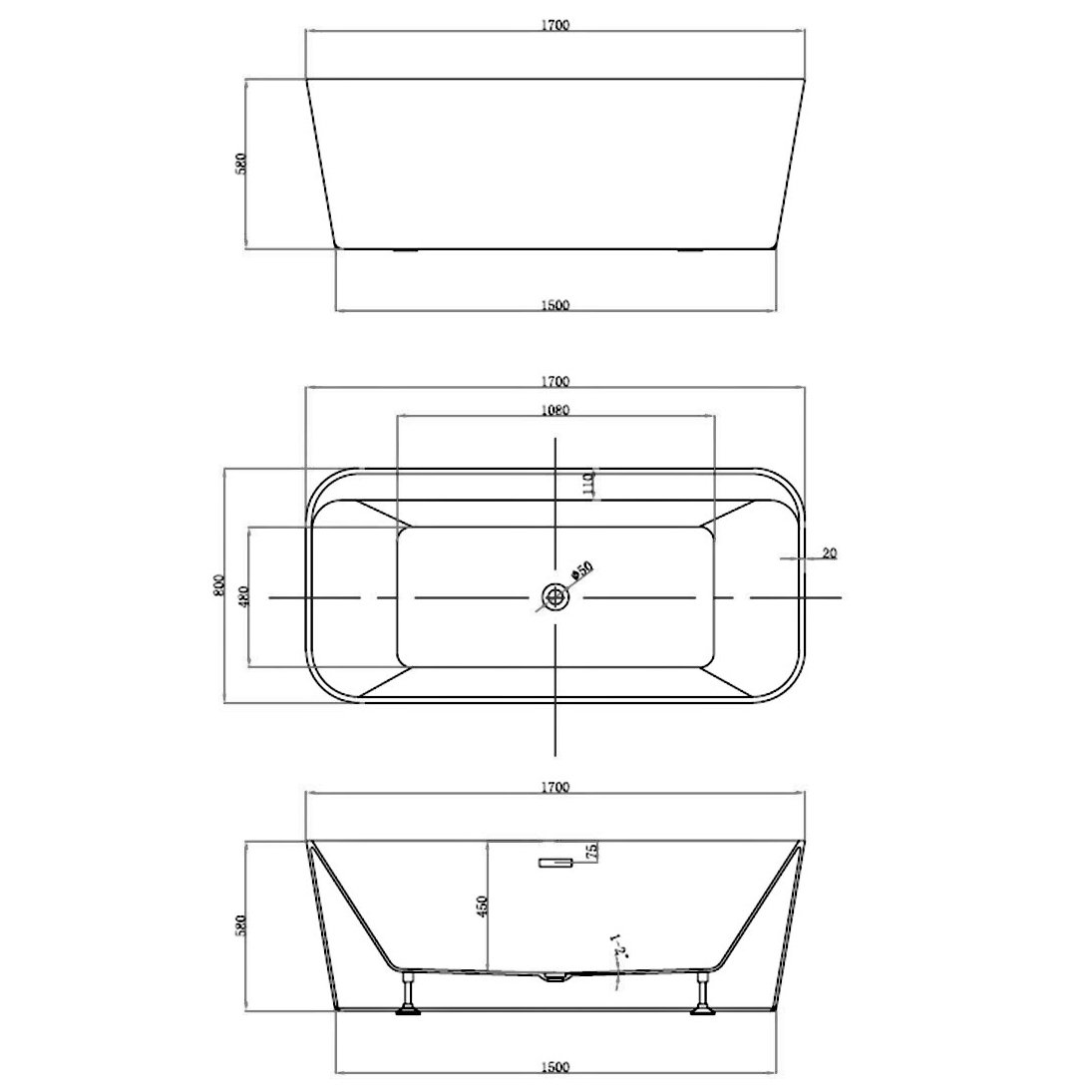 Ванна Vincea VBT-401-170MW 170x80 акриловая, цвет белый матовый - фото 1