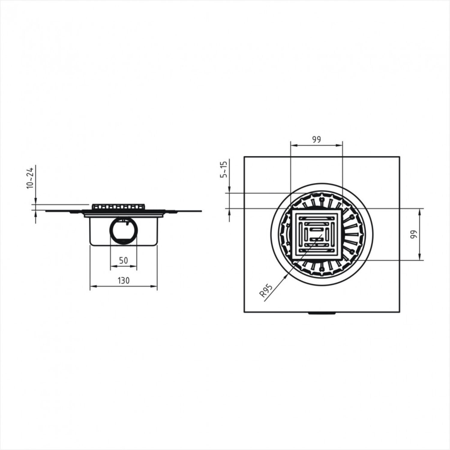 Душевой трап Berges Zentrum Antik 09 03 64, боковой выпуск, цвет хром матовый, 10x10 см