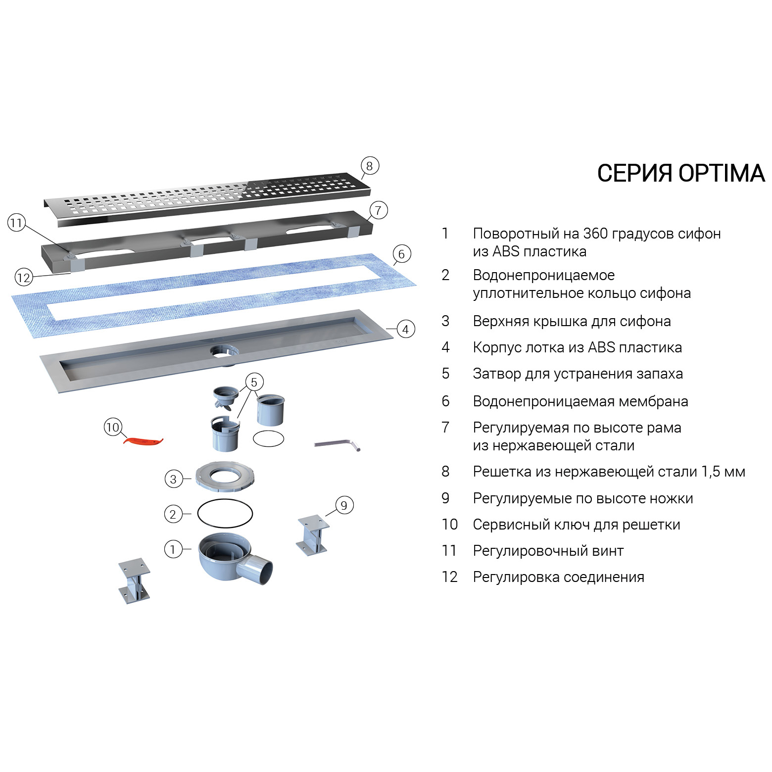 Душевой лоток Vincea Say Optima 601.70.B.M.S.DUZ с решеткой 70x7 см, боковой выпуск, цвет черный матовый / хром - фото 1