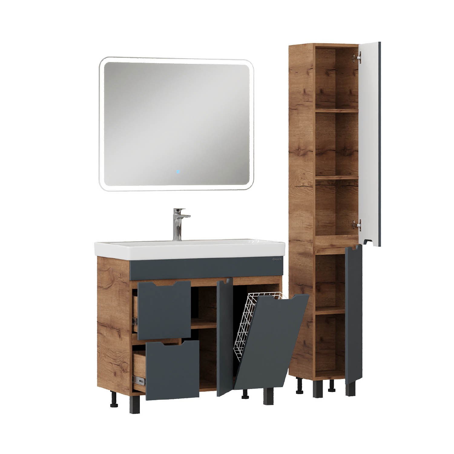 Мебель для ванной Оника Айленд 90, с бельевой корзиной, цвет графит / дуб крафт золотой