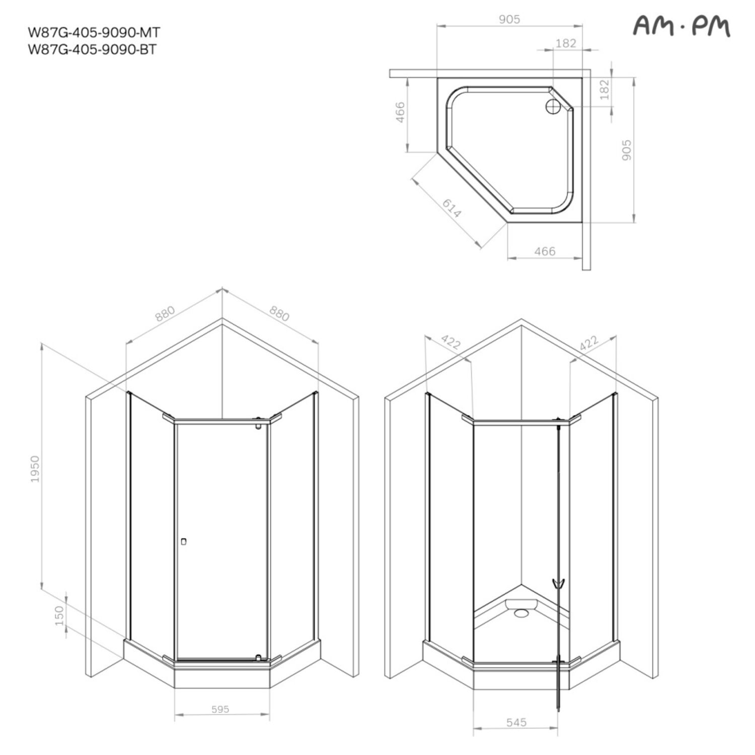 Душевой уголок AM.PM Sunny W87G-405-9090-BT 90x90, стекло прозрачное, профиль черный - фото 1
