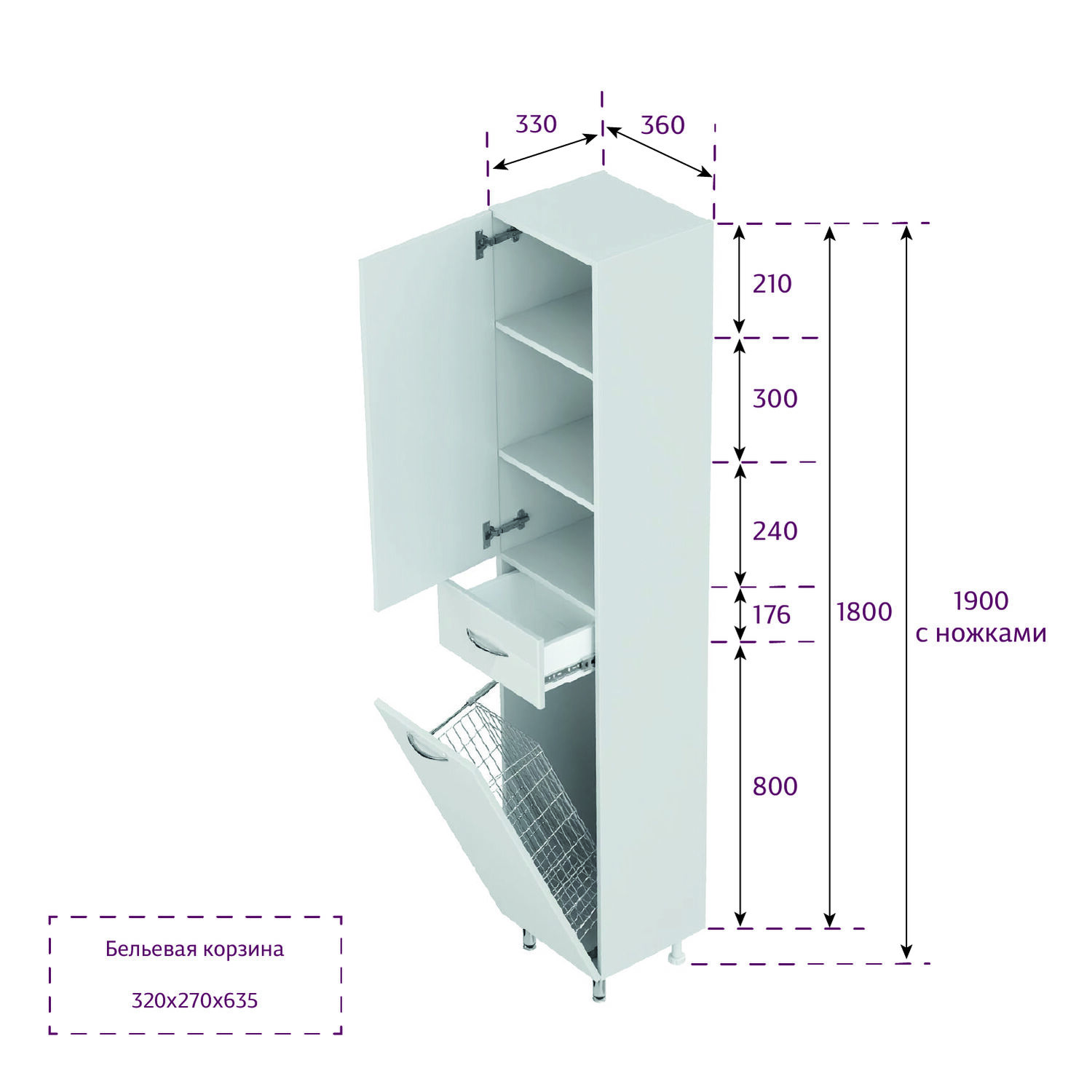 Шкаф-пенал Оника Модерн 36 напольный, левый, с бельевой корзиной, цвет белый - фото 1