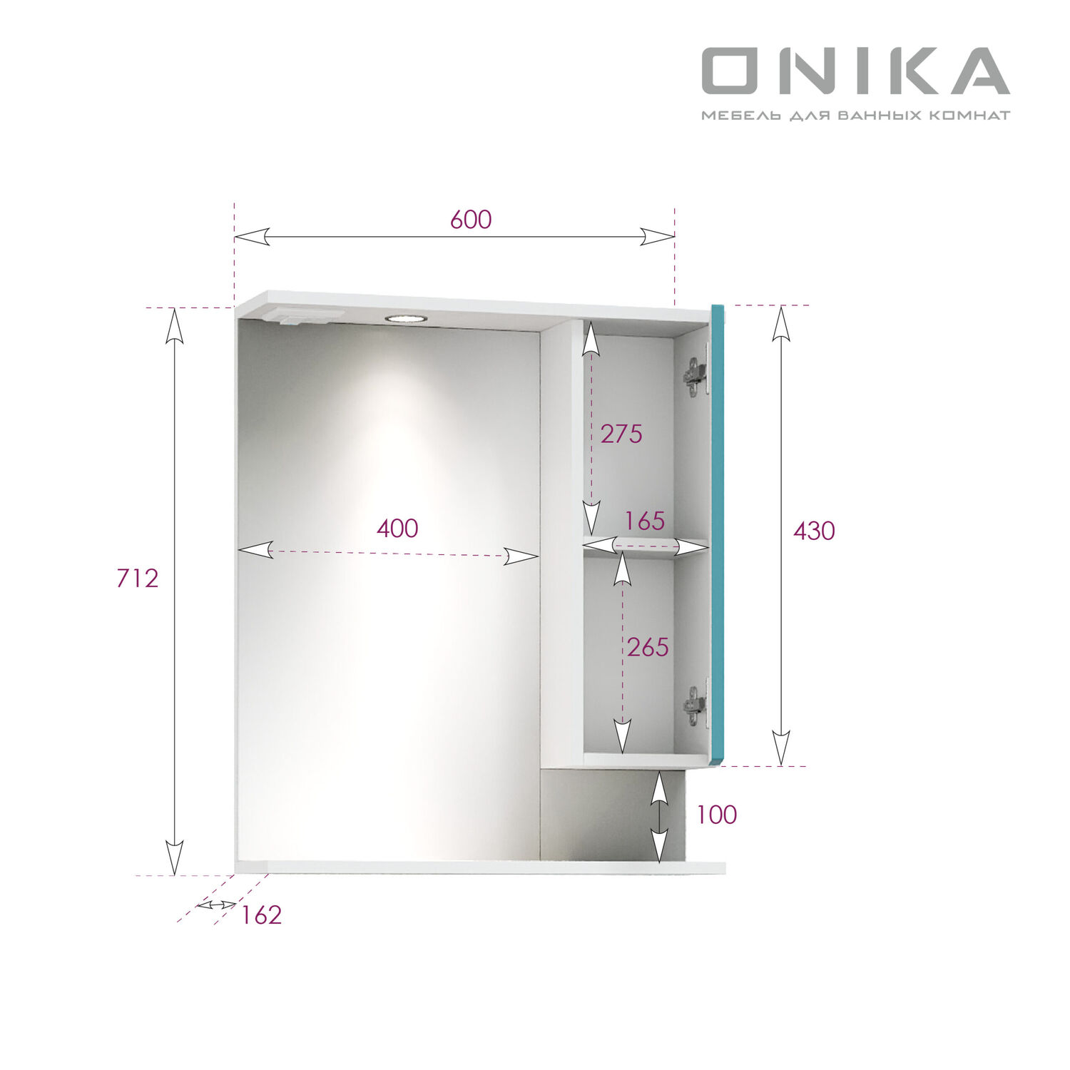 Шкаф-зеркало Оника Марви 60, правый, с подсветкой, цвет белый / бирюза - фото 1