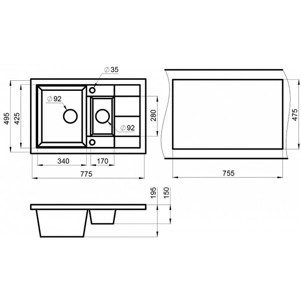 Кухонная мойка Granula GR-7802 SV 78x50, 2 чаши, с крылом, цвет шварц - фото 1