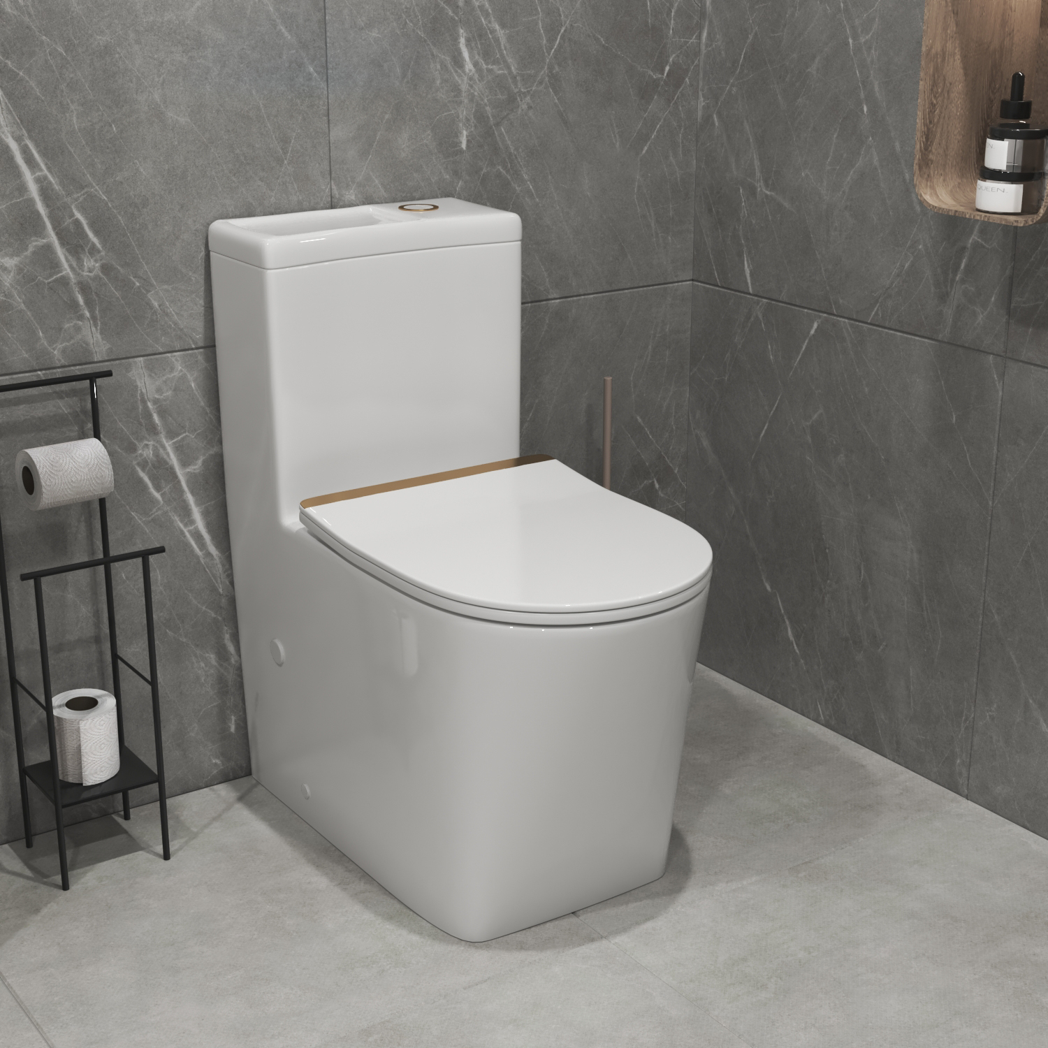 Унитаз-моноблок Joki Royal T Gold JK86472105GOLD напольный, безободковый, смыв Торнадо, с сиденьем микролифт, цвет белый / золото - фото 1