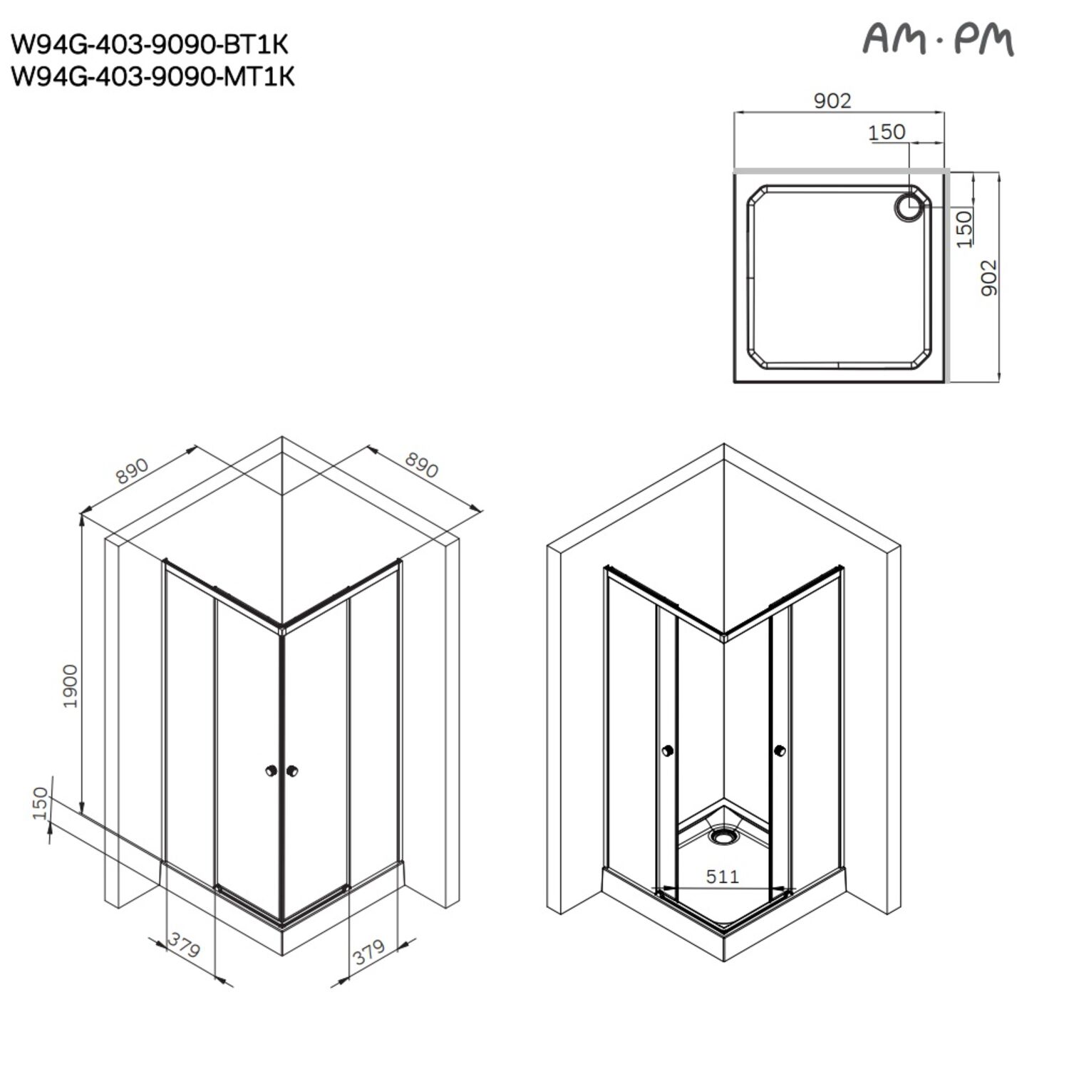 Душевой уголок AM.PM X-joy W94G-403-9090-BТ1К 90x90, стекло прозрачное, профиль черный матовый - фото 1