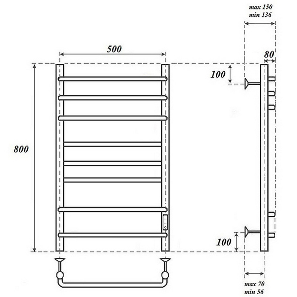 Полотенцесушитель Point П8 50x80 электрический, правый, цвет черный