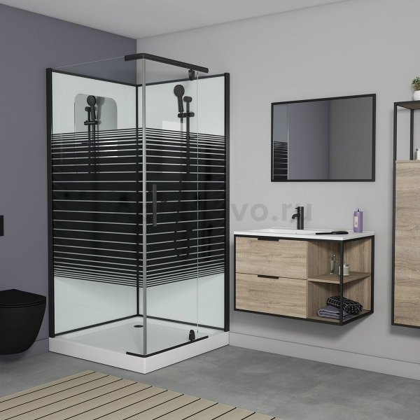Душевая кабина Grossman Classic GR-270Q R 100x100, правая, стекло прозрачное с черными полосами, профиль черный - фото 1