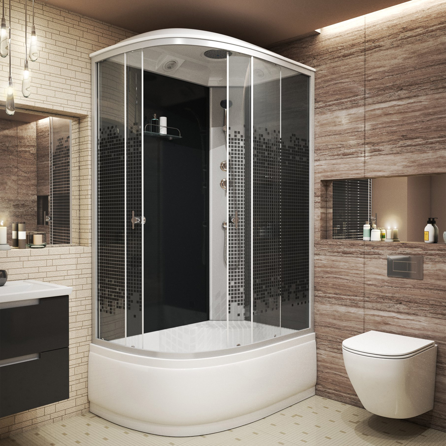 Душевая кабина Niagara Eco NG-7510-14 R Black 120х80, правая, стекло мозаика, профиль серебро, с крышей