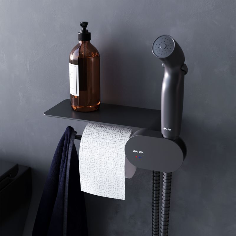 Гигиенический душ AM.PM Like F0202622, со встраиваемым смесителем, полкой, держателем туалетной бумаги и крючком, цвет черный