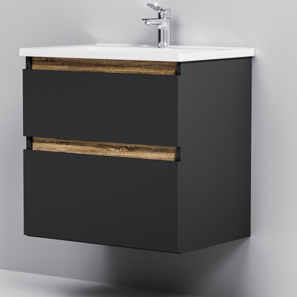 Тумба под раковину AM.PM X-Joy 65 подвесная, цвет черный матовый/дерево - фото 1