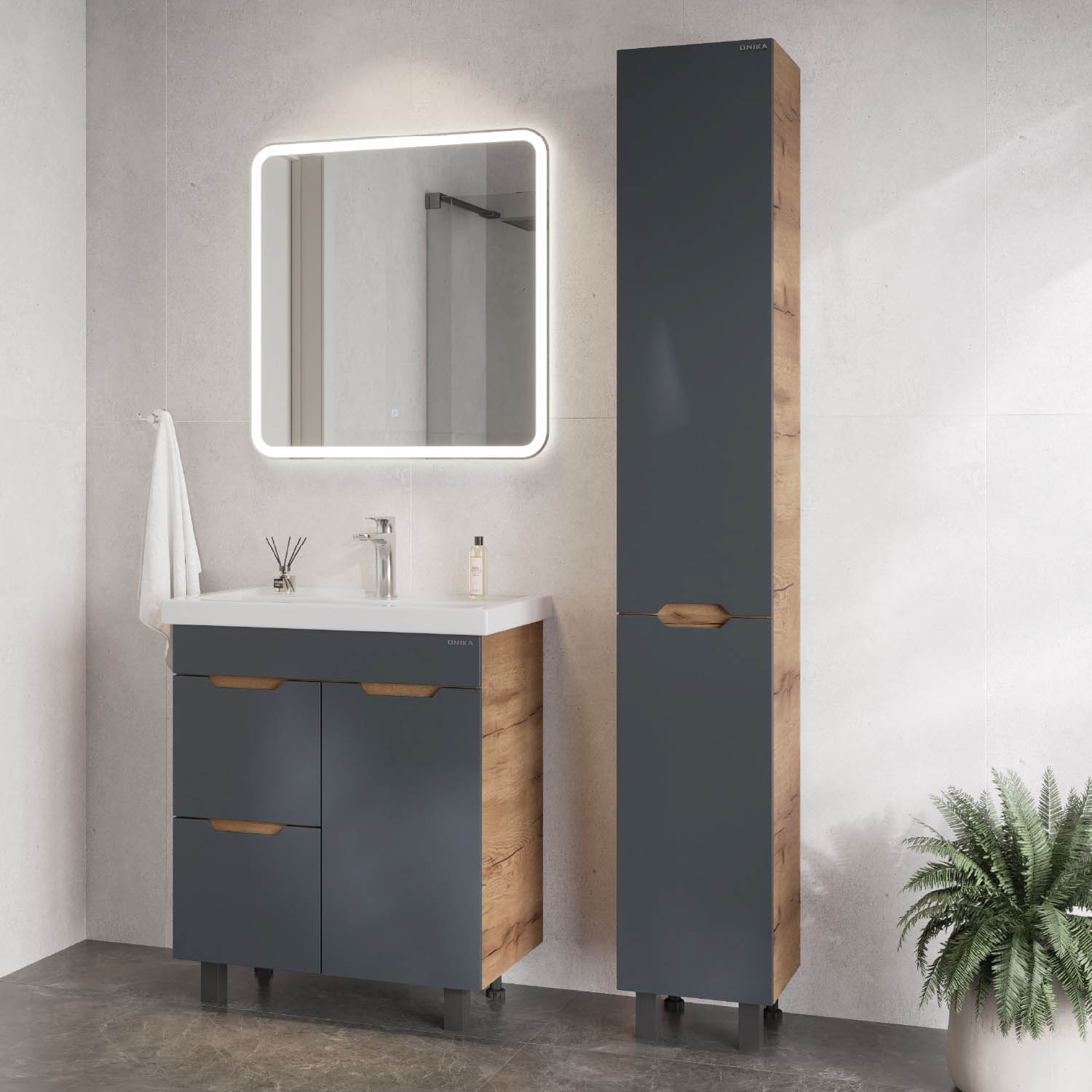 Мебель для ванной Оника Айленд 70, с бельевой корзиной, цвет графит / дуб крафт золотой - фото 1