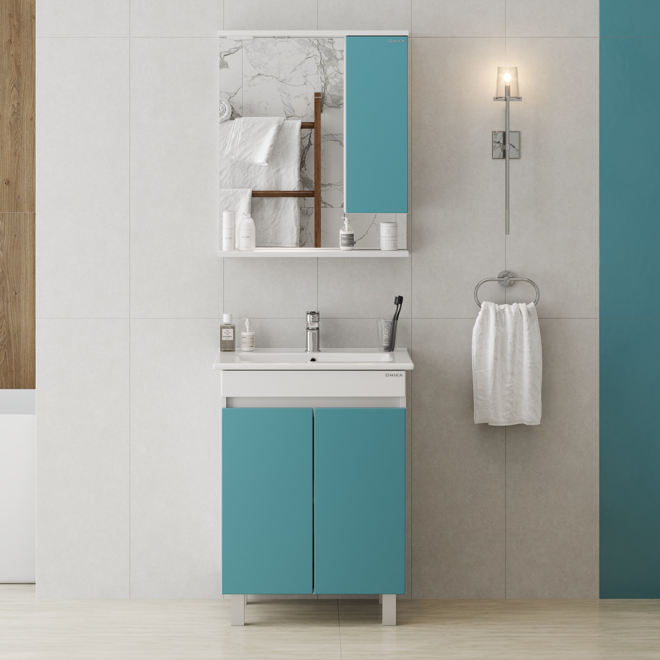 Шкаф-зеркало Оника Марви 60, правый, с подсветкой, цвет белый / бирюза - фото 1