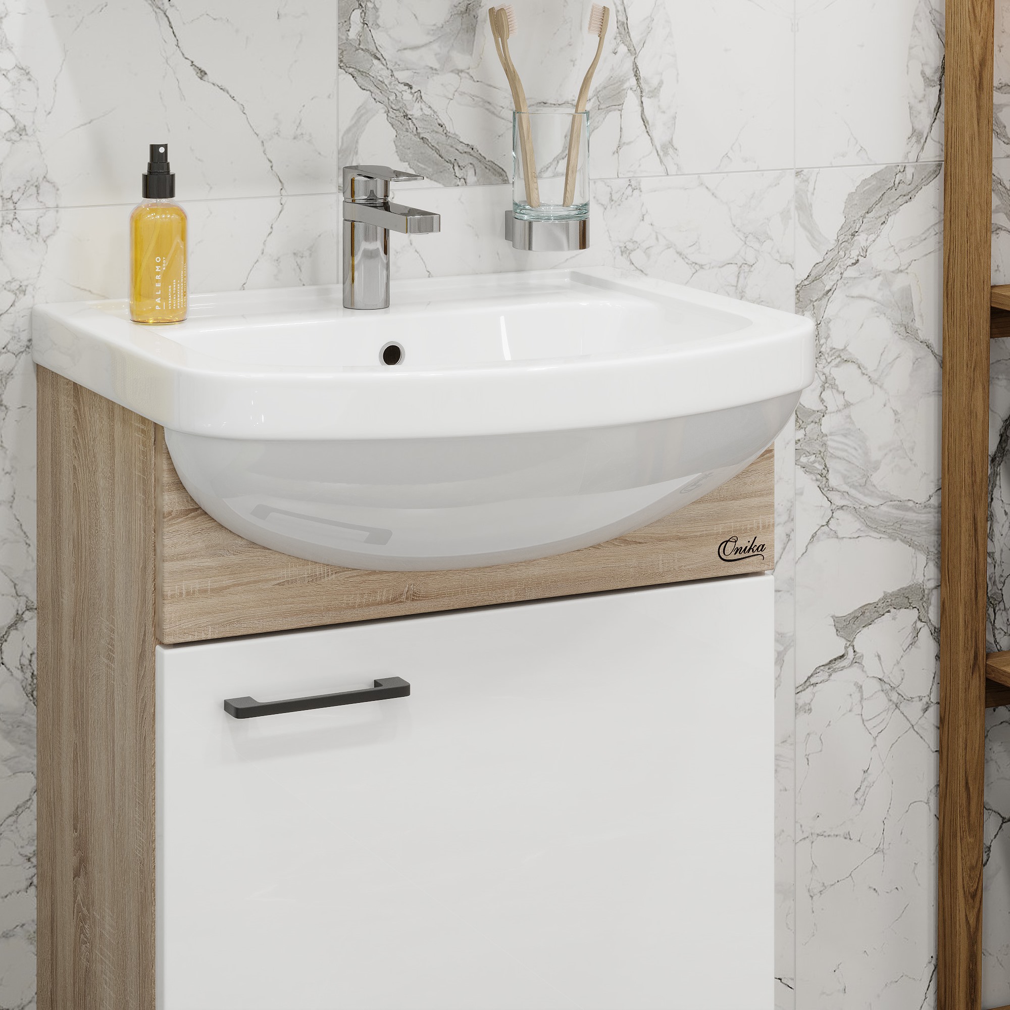 Тумба под раковину Оника Эко 52 Black, напольная, цвет белый / дуб сонома - фото 1