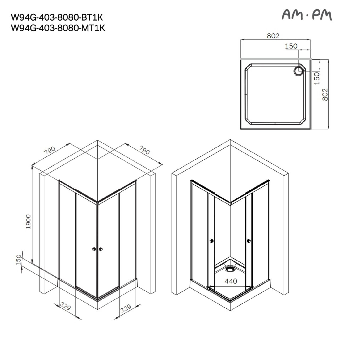 Душевой уголок AM.PM X-joy W94G-403-8080-BТ1К 80x80, стекло прозрачное, профиль черный матовый - фото 1