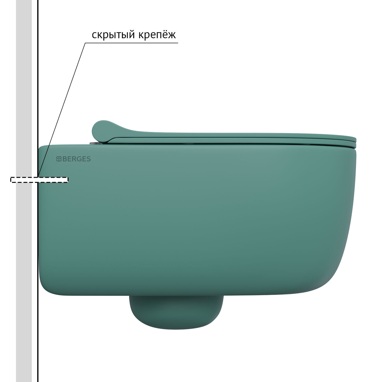 Унитаз Berges Ego XL Rimless 082141 подвесной, безободковый, с сиденьем микролифт, цвет темно-зеленый матовый
