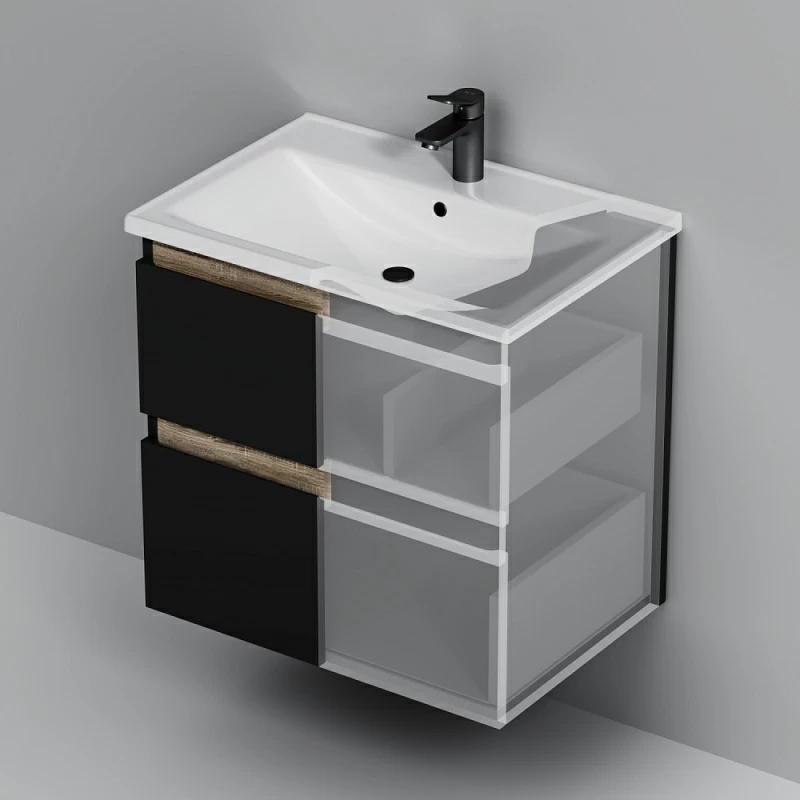 Тумба под раковину AM.PM X-Joy 65 подвесная, цвет черный матовый/дерево - фото 1