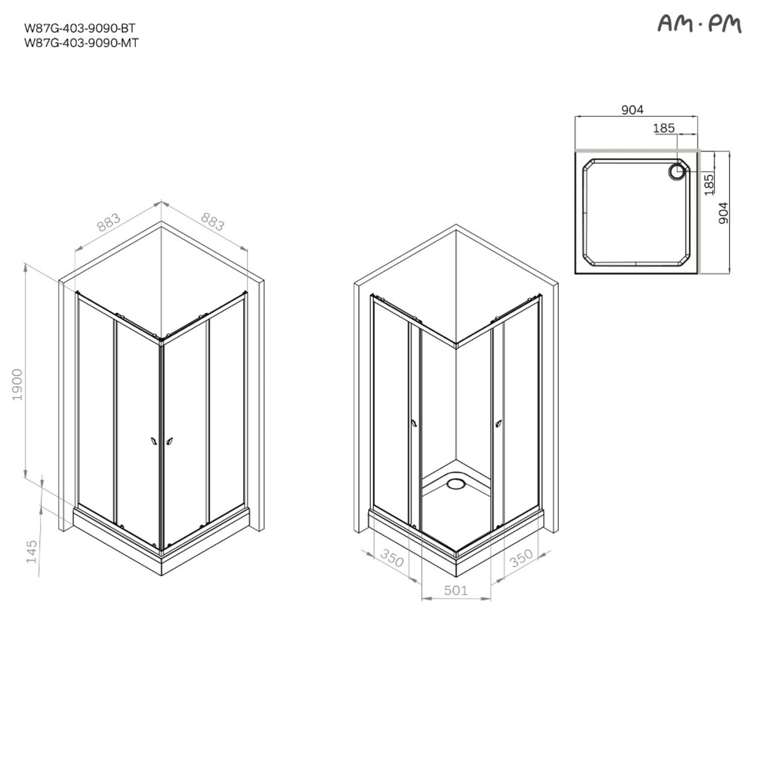 Душевой уголок AM.PM Sunny W87G-403-9090-MT 90x90, без поддона, стекло прозрачное, профиль серебро матовое - фото 1