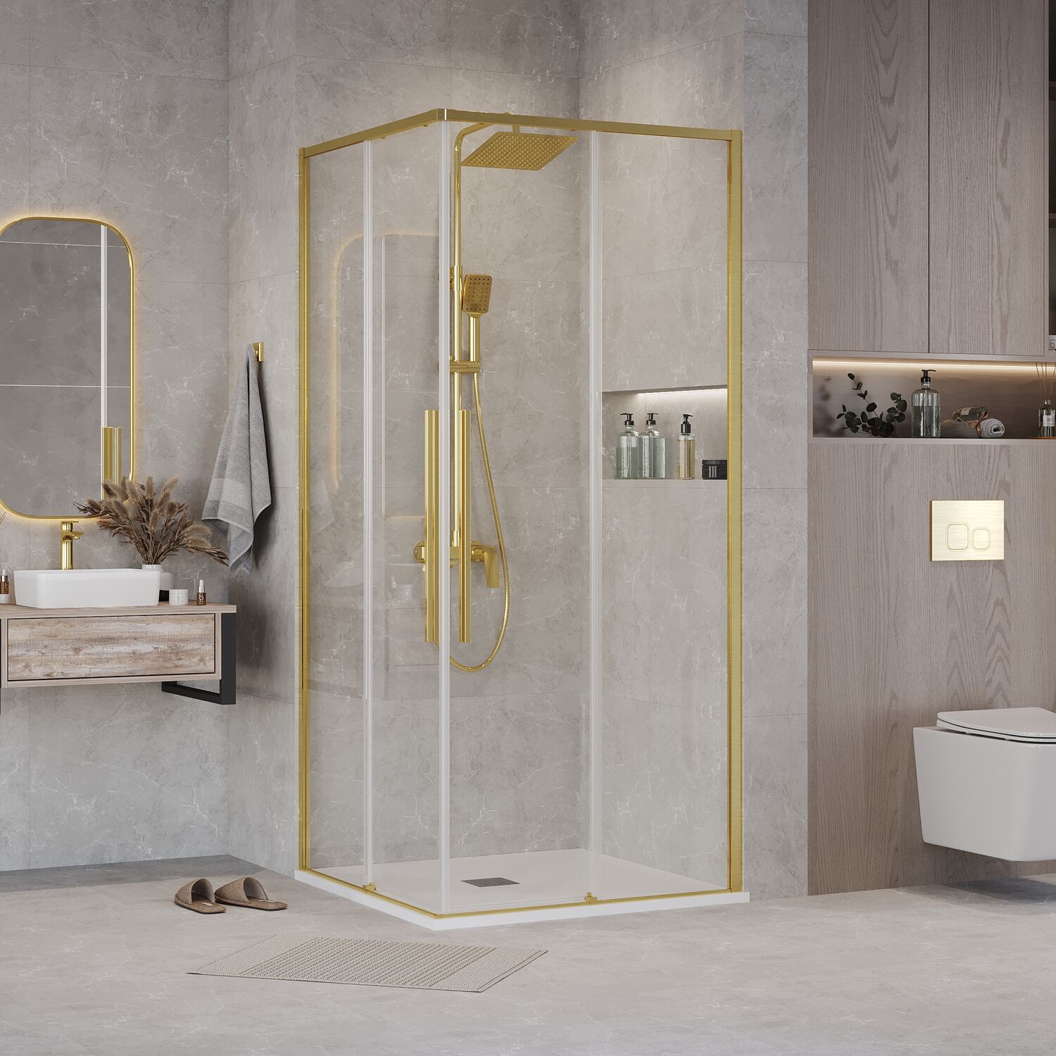 Душевой уголок Grossman Galaxy 300.K33.01.1010.32.00 100х100, стекло прозрачное, профиль золото сатин - фото 1