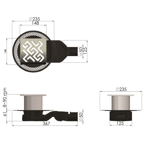 Душевой трап Berges Platz Antik 09 01 61, боковой выпуск, цвет хром матовый, 15x15 см