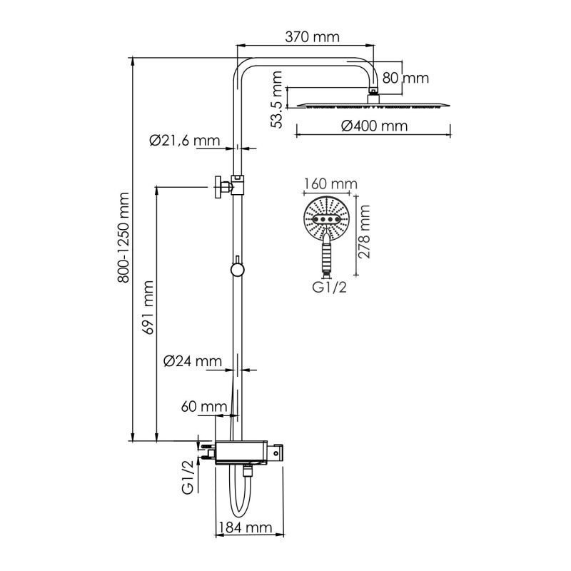 Душевая стойка WasserKRAFT A113.117.059.CH Thermo, с верхним душем, термостатическим смесителем, цвет хром / белый - фото 1