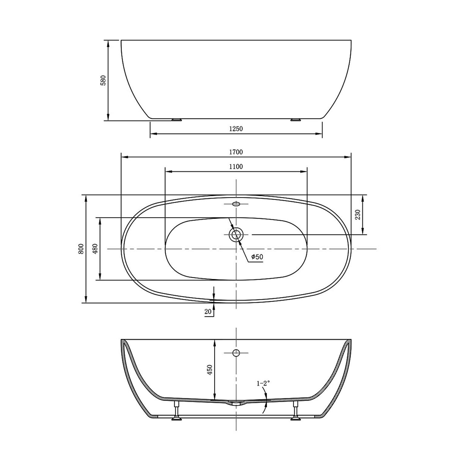 Ванна Vincea VBT-405-170MB 170x80 акриловая, цвет белый / черный матовый - фото 1