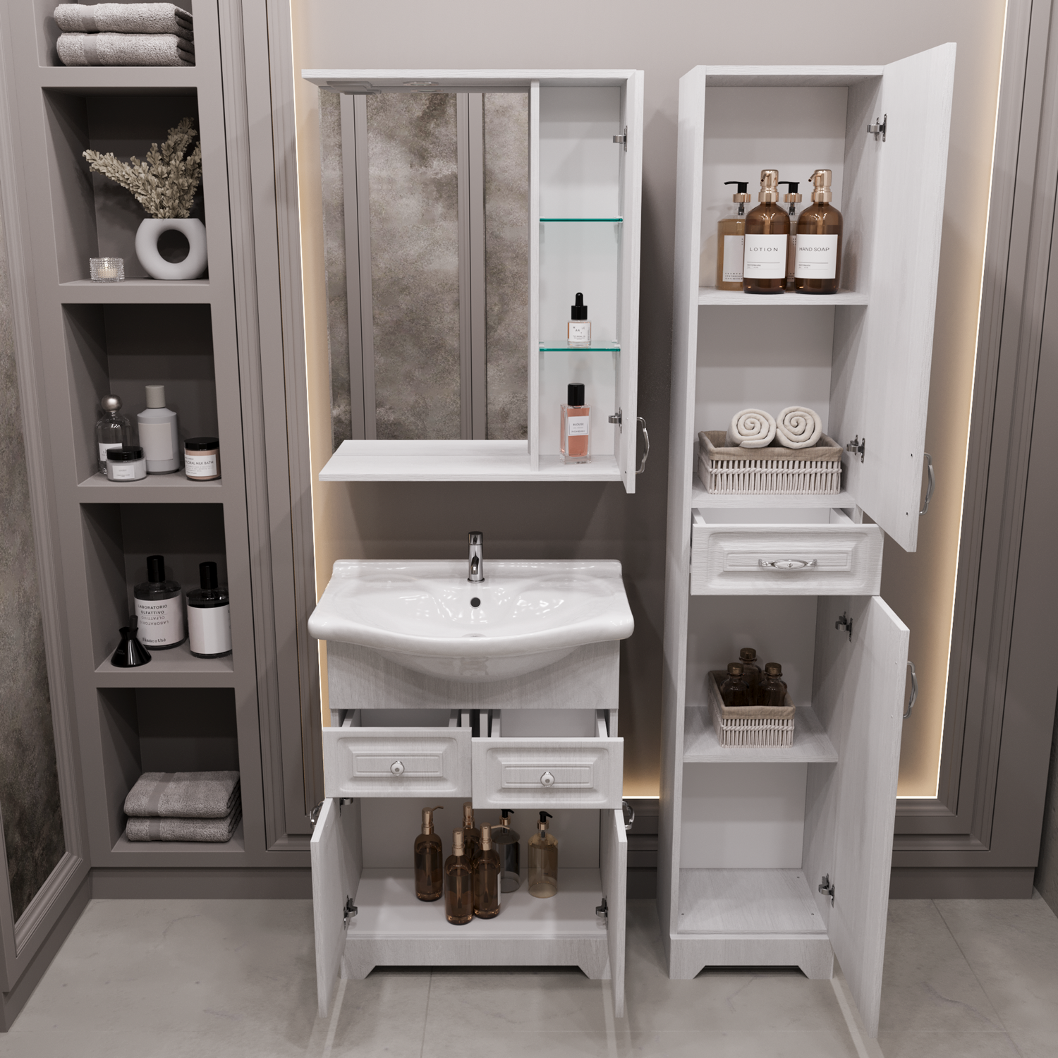 Шкаф-пенал Stella Polar Кармела 36, с подсветкой, цвет белое серебро  - фото 1