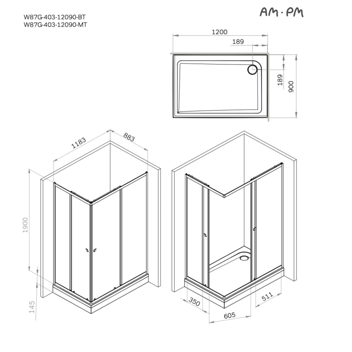 Душевой уголок AM.PM Sunny W87G-403-12090-MT 120x90, без поддона, стекло прозрачное, профиль серебро матовое - фото 1