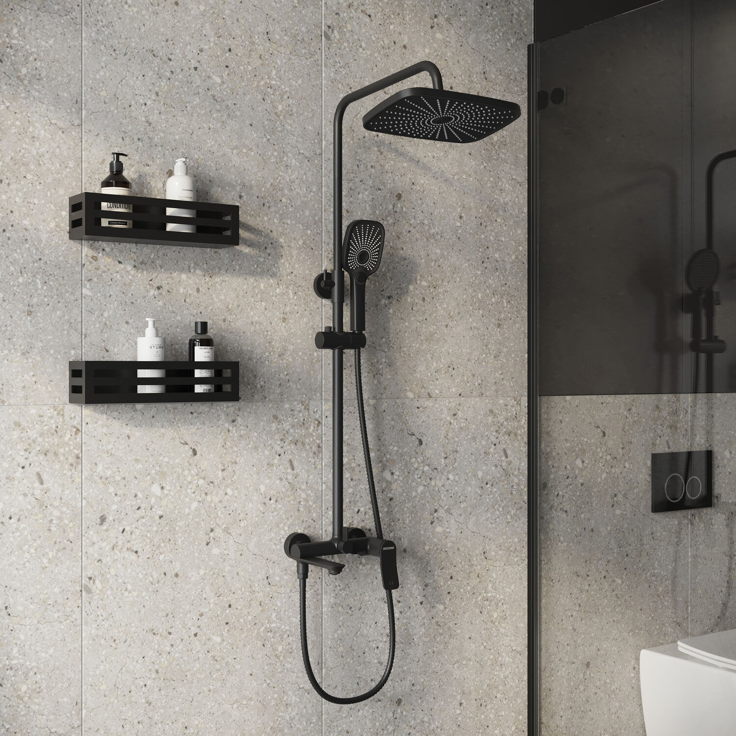 Душевая стойка Grossman Advans 500.K35.09.210, с верхним душем, смесителем, цвет черный матовый