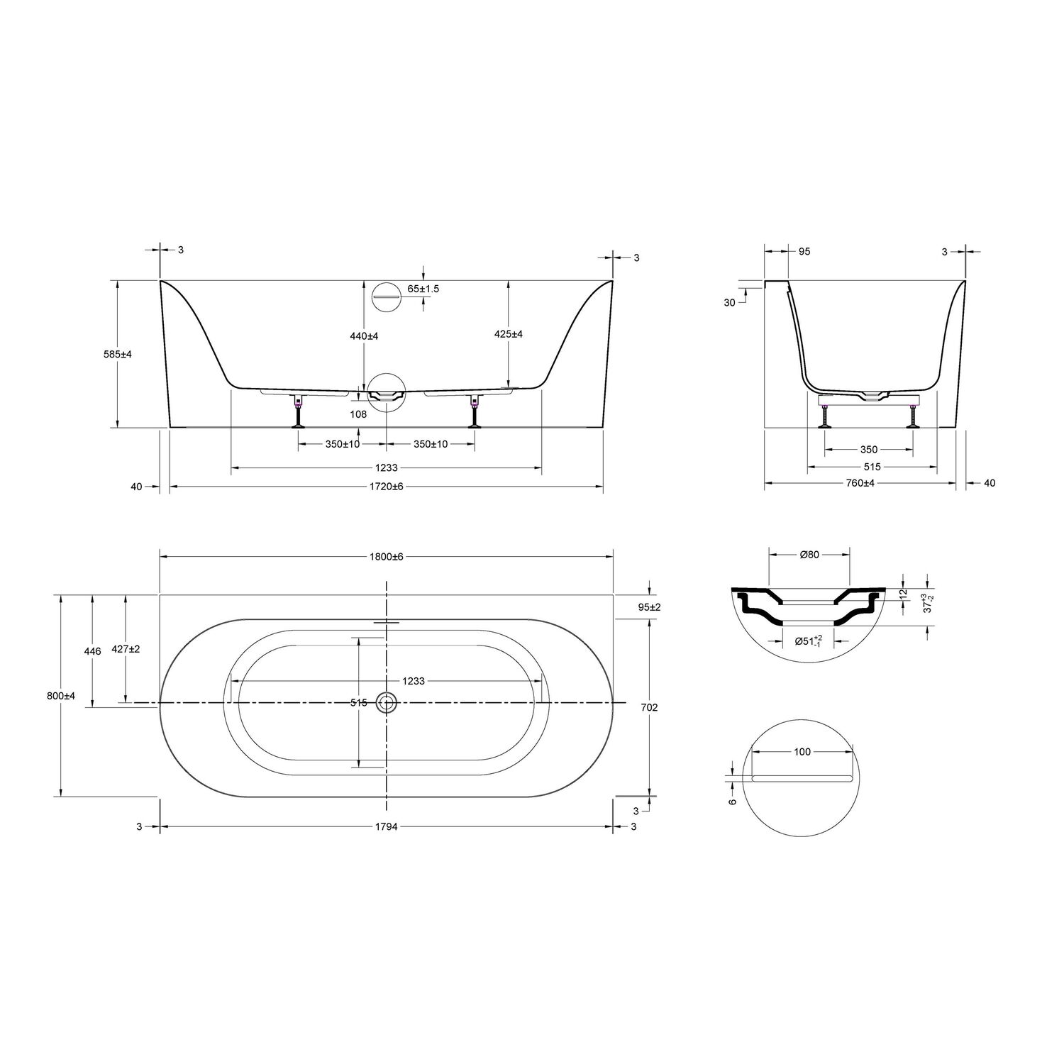 Ванна Vincea VBT-703-1800 180x80 акриловая, цвет белый - фото 1