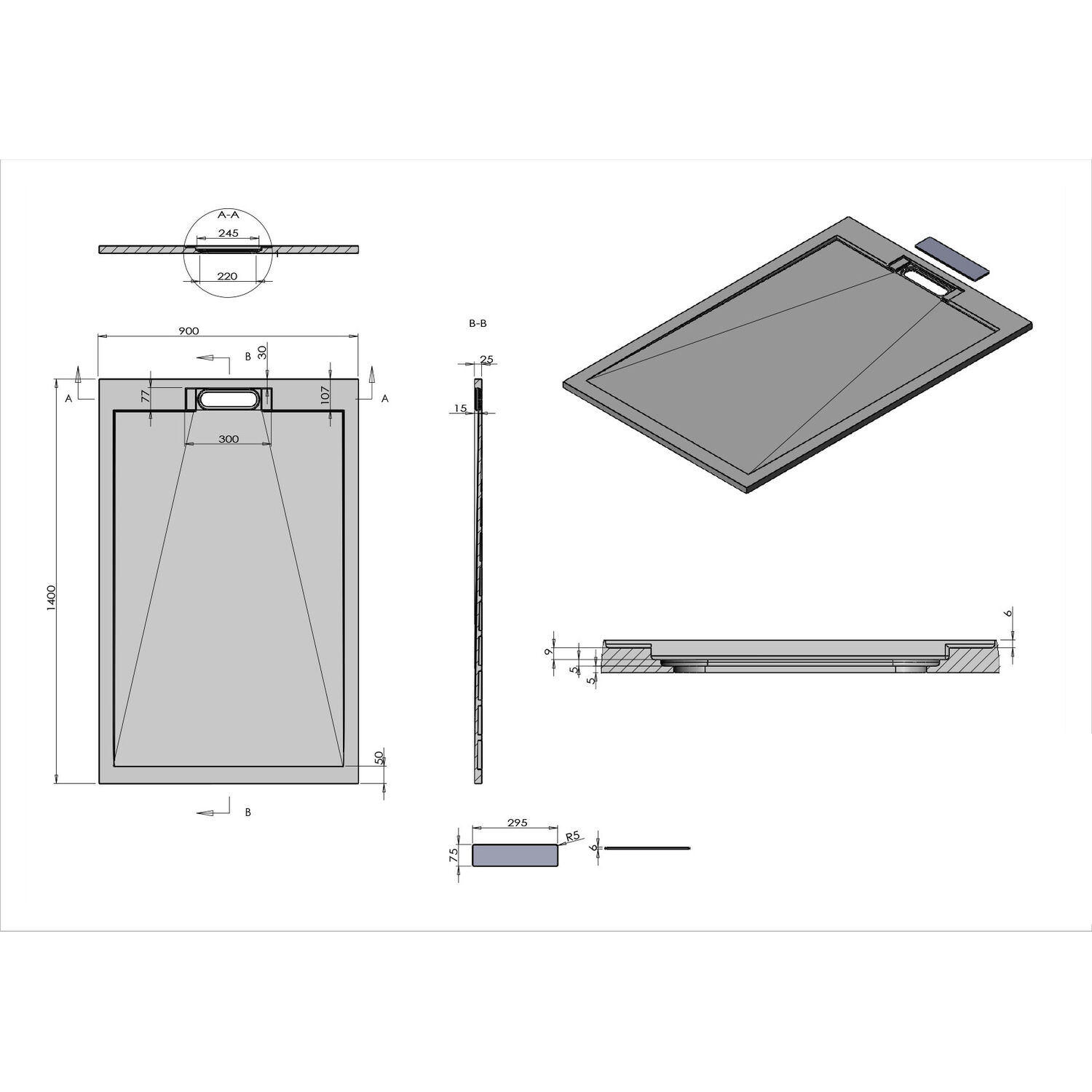 Поддон для душа Vincea VST-4SRL9014A 140x90, искусственный камень, цвет антрацит - фото 1