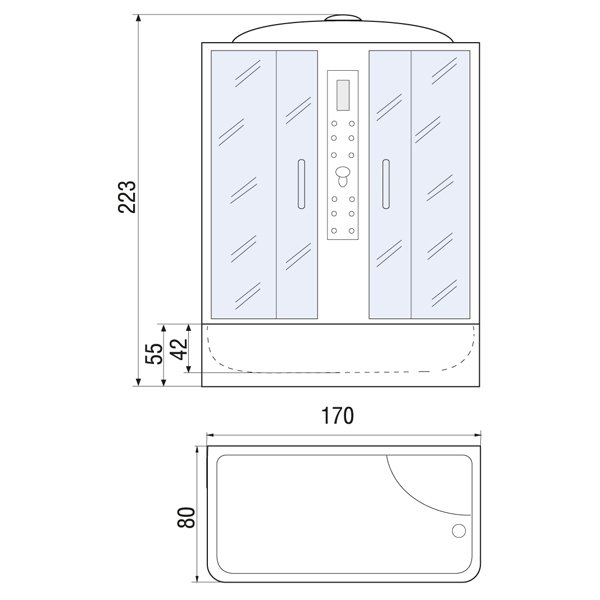 Душевая кабина River Dunay 170/80/55 TH 170x80, стекло тонированное, профиль хром матовый, с крышей, с гидромассажем