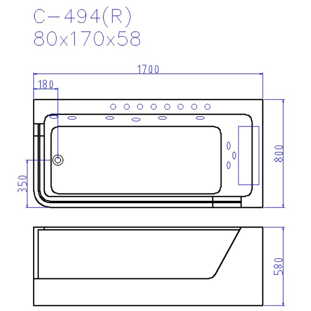 Ванна CeruttiSPA C-494-17 R 170x80, правая, акриловая, с гидромассажем, цвет белый