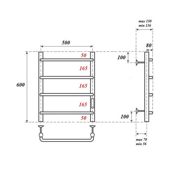 Полотенцесушитель Point П4 50x60 электрический, правый, цвет хром