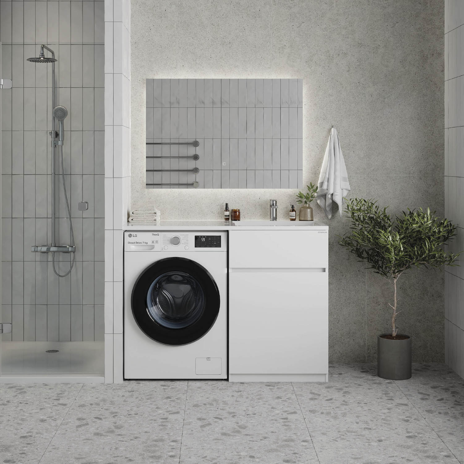 Мебель для ванной Оника Сорго 120, с тумбой 58 см, с бельевой корзиной, цвет белый